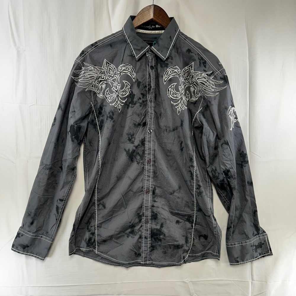 Roar Button Up Mens Medium Grey Tie Dye Embroidered Preston Buckle Shirt